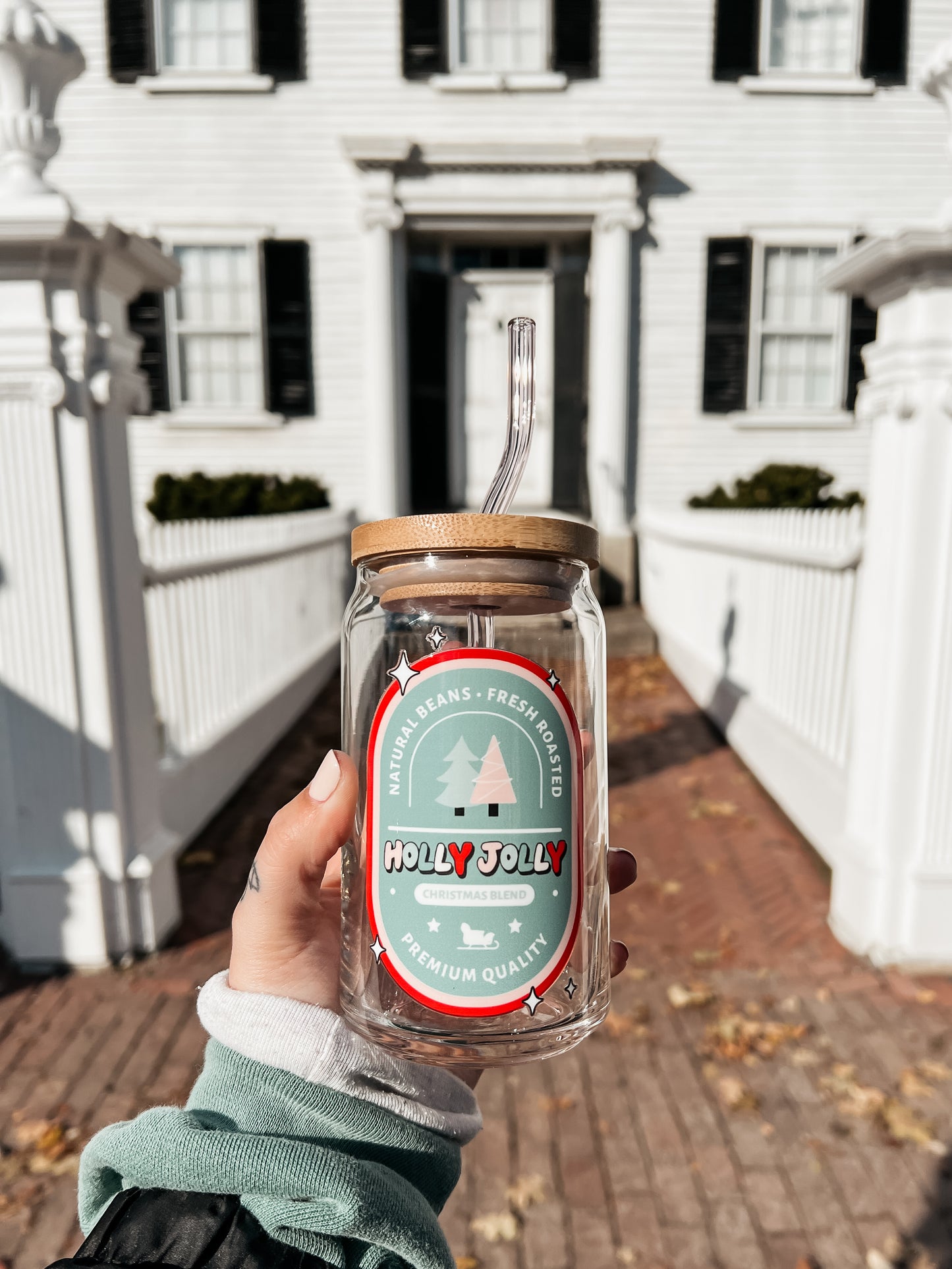 Green Holly Jolly Glass Can