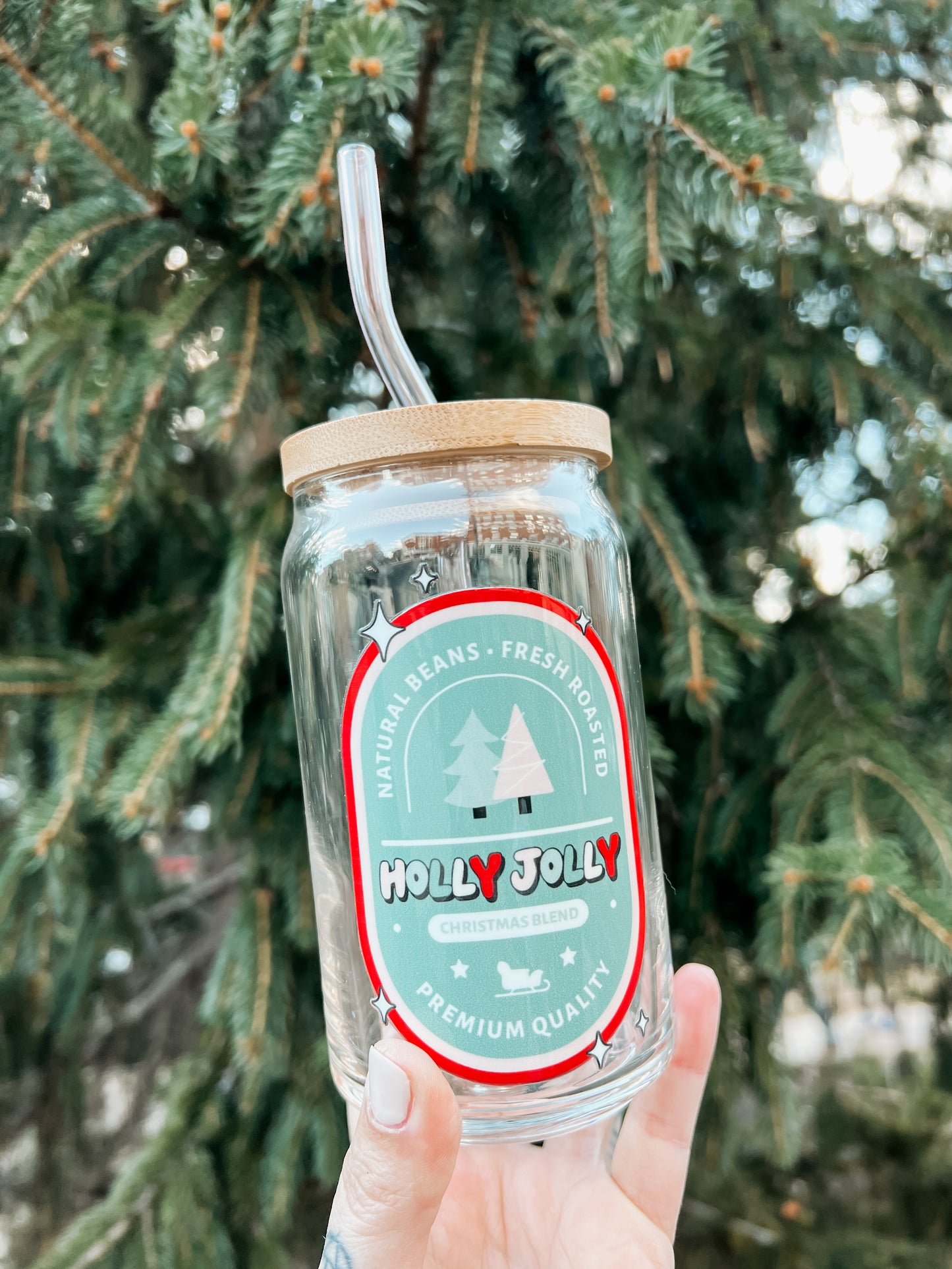 Green Holly Jolly Glass Can