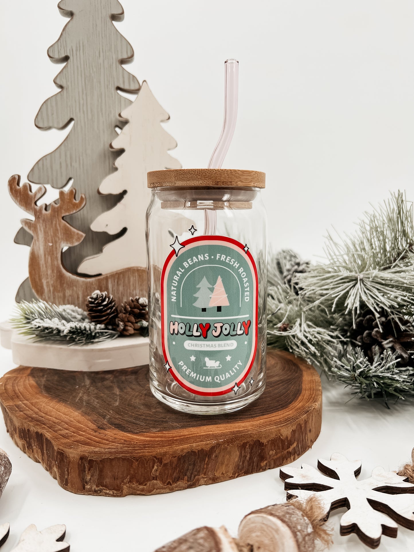 Green Holly Jolly Glass Can