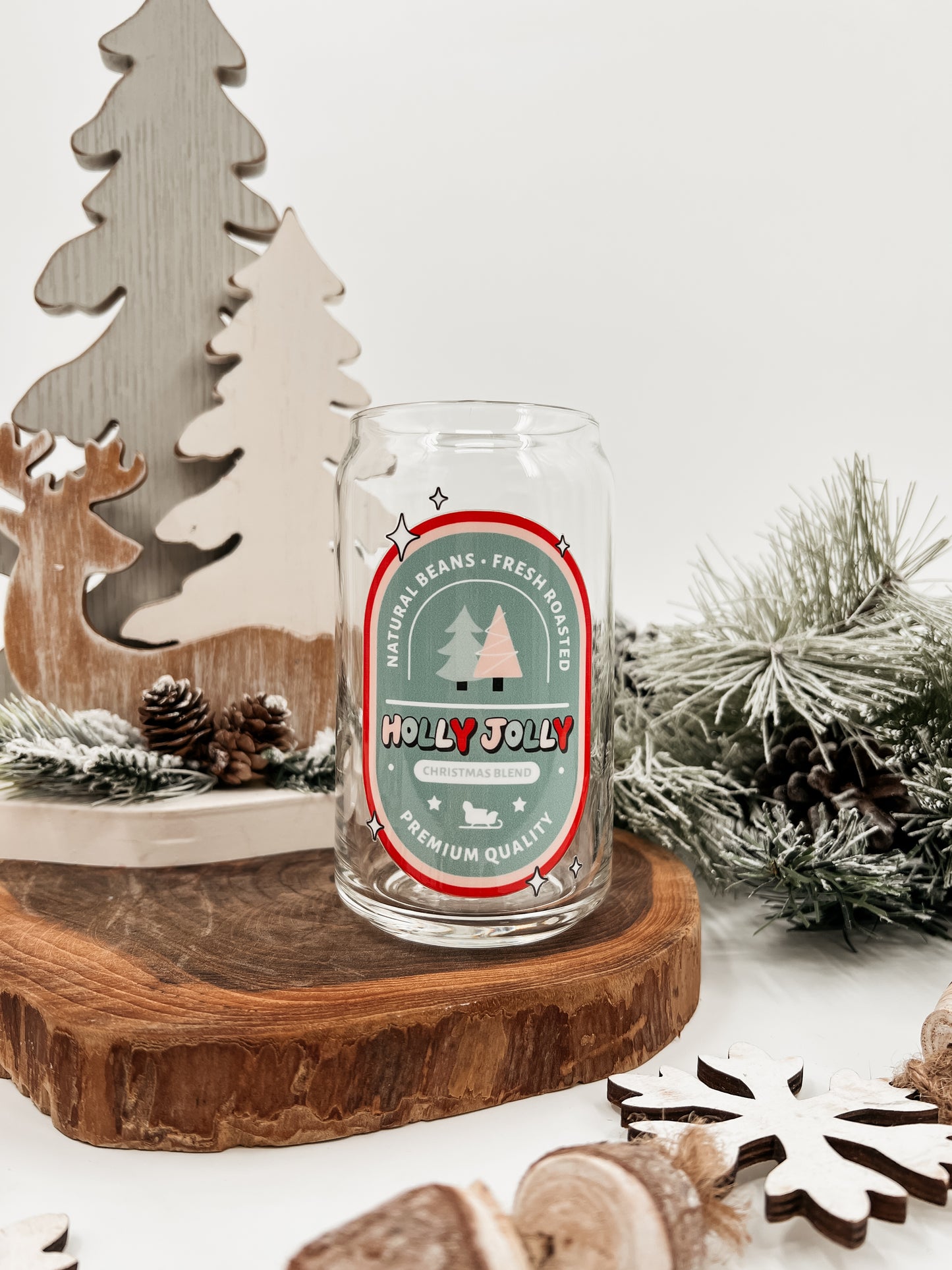 Green Holly Jolly Glass Can