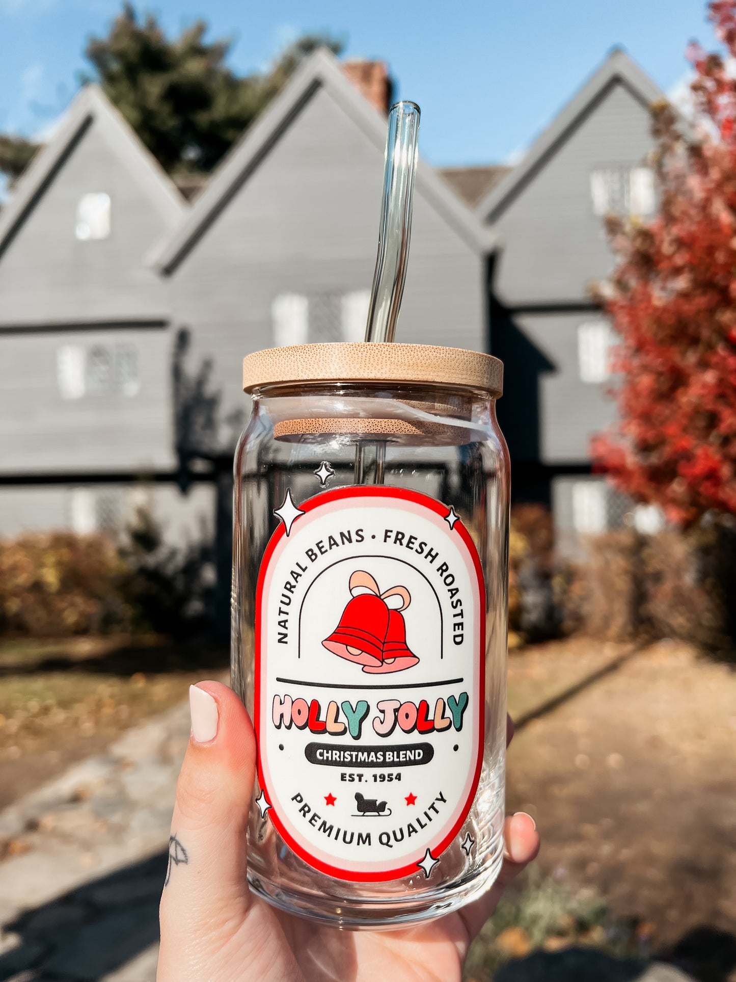 Ivory Holly Jolly Glass Can