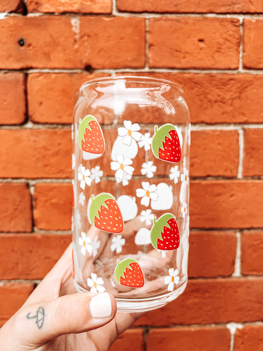 Strawberry Daisy Glass Can