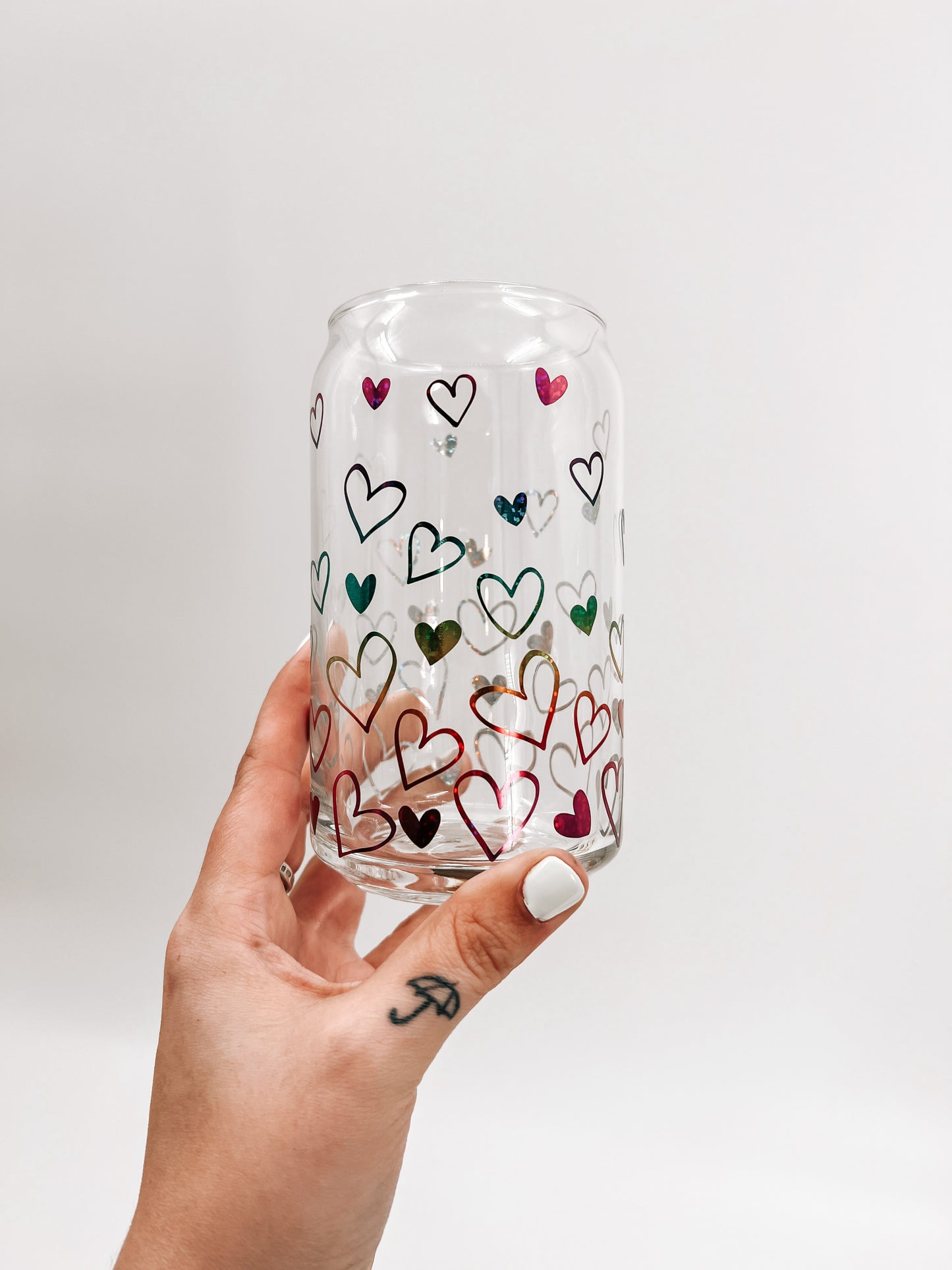 Rainbow Hearts Glass Can
