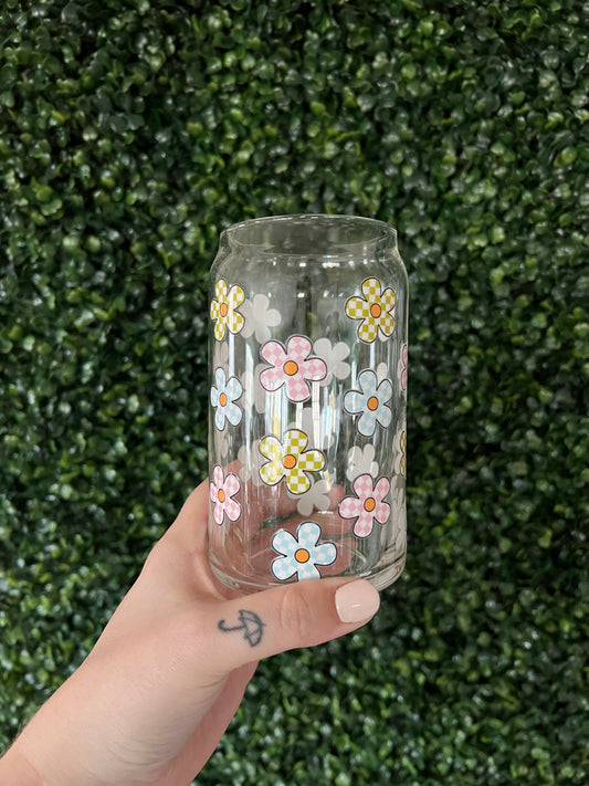 Checkered Flower Glass Can