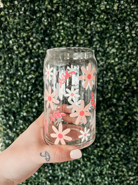 Pink Floral Glass Can