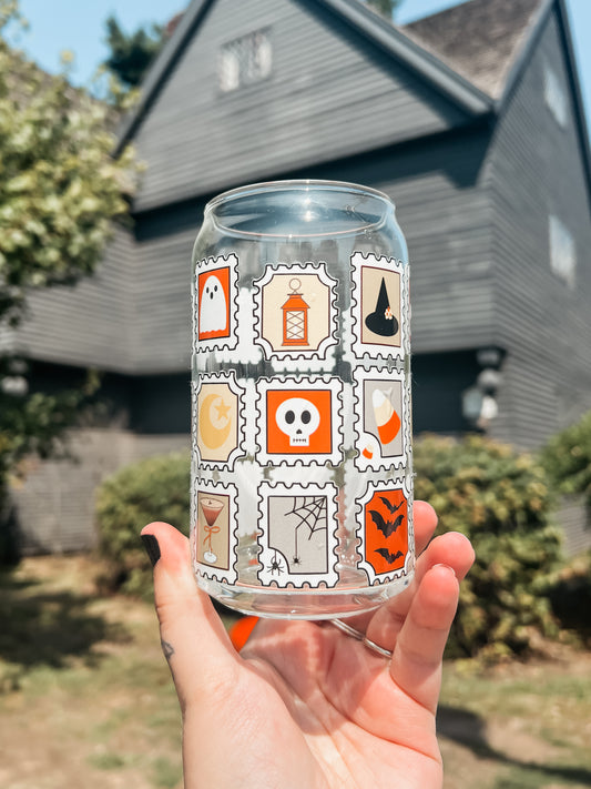 Spooky Stamps Glass Can