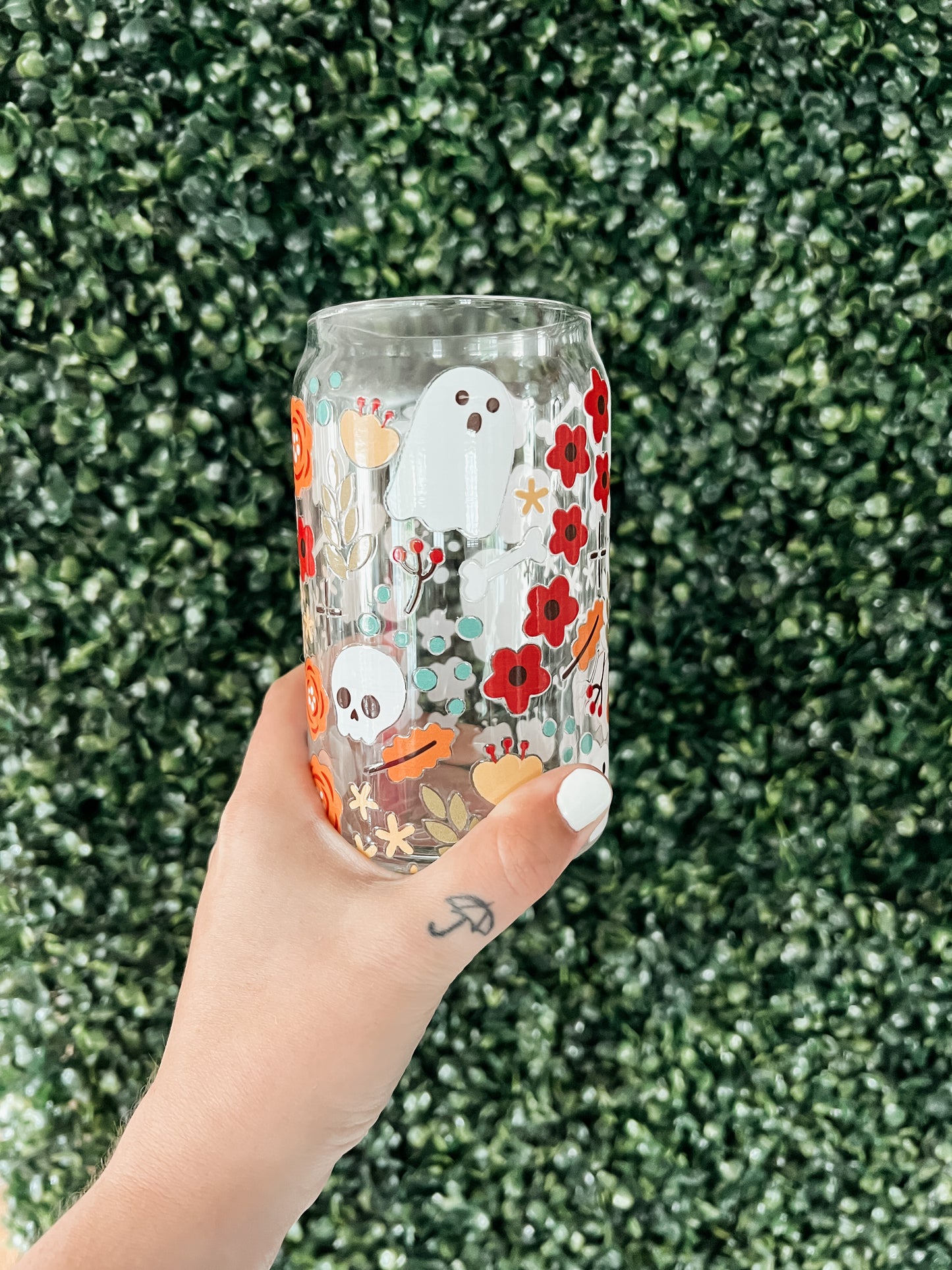 Halloween Floral Glass Can
